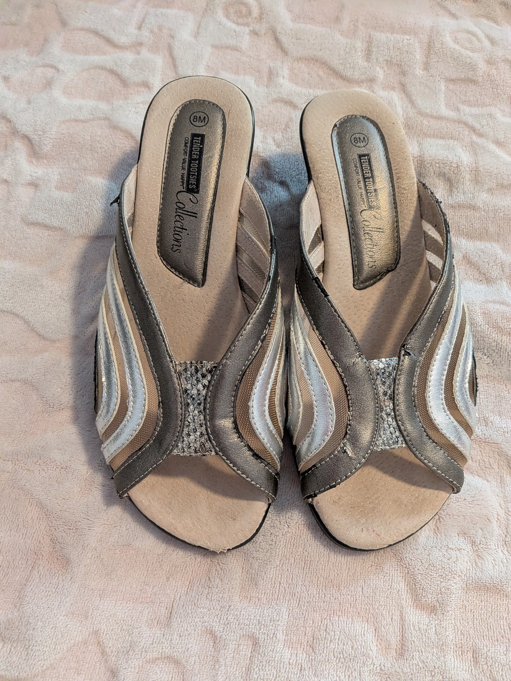 Comfort Slide Sandals in Metallic Taupe and Cream